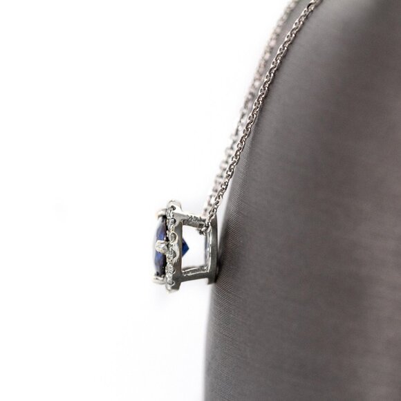 Ceylon Blue Sapphire Pendant in 14K Solid Gold with Natural Diamond Halo - Picture 6 of 8
